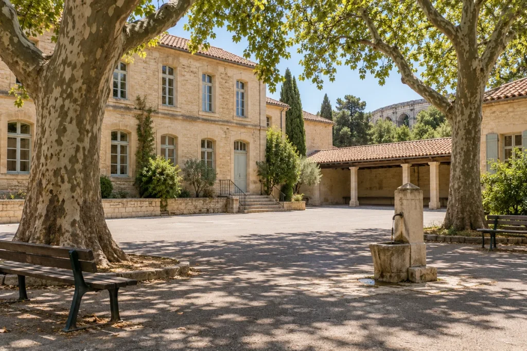 Cour d'école en pierre claire sous les platanes, avec préau et fontaine