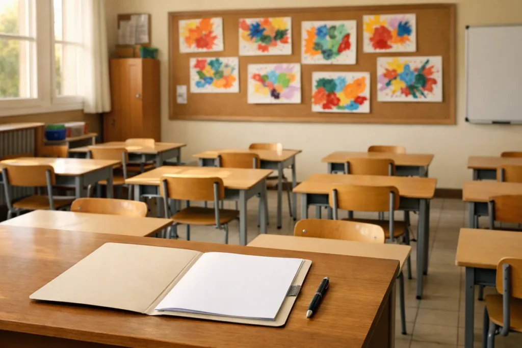 Salle de classe d'école primaire vide, prête pour la rentrée