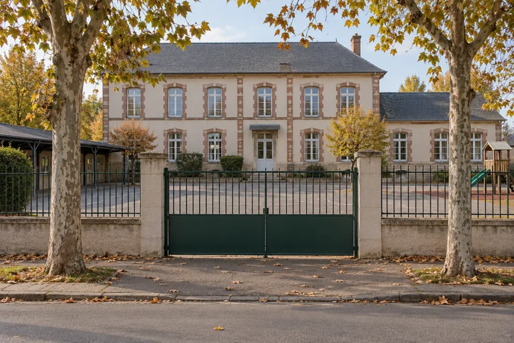 École à façade enduite crème et encadrements de brique, préau et portail vert entre deux platanes