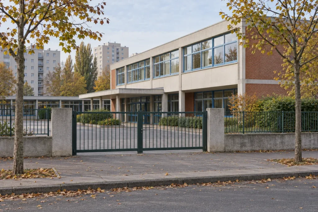 Groupe scolaire des années 1960 en béton et brique, grandes baies vitrées et portail vert, tours en arrière-plan