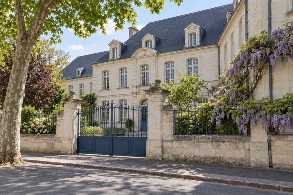 Façade en tuffeau et toit d'ardoise derrière un portail fermé, glycine en fleurs