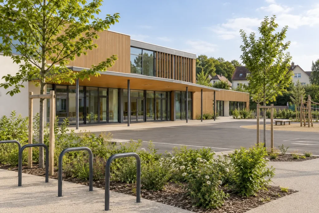 École récente en bois et verre, cour plantée de jeunes arbres et arceaux à vélos
