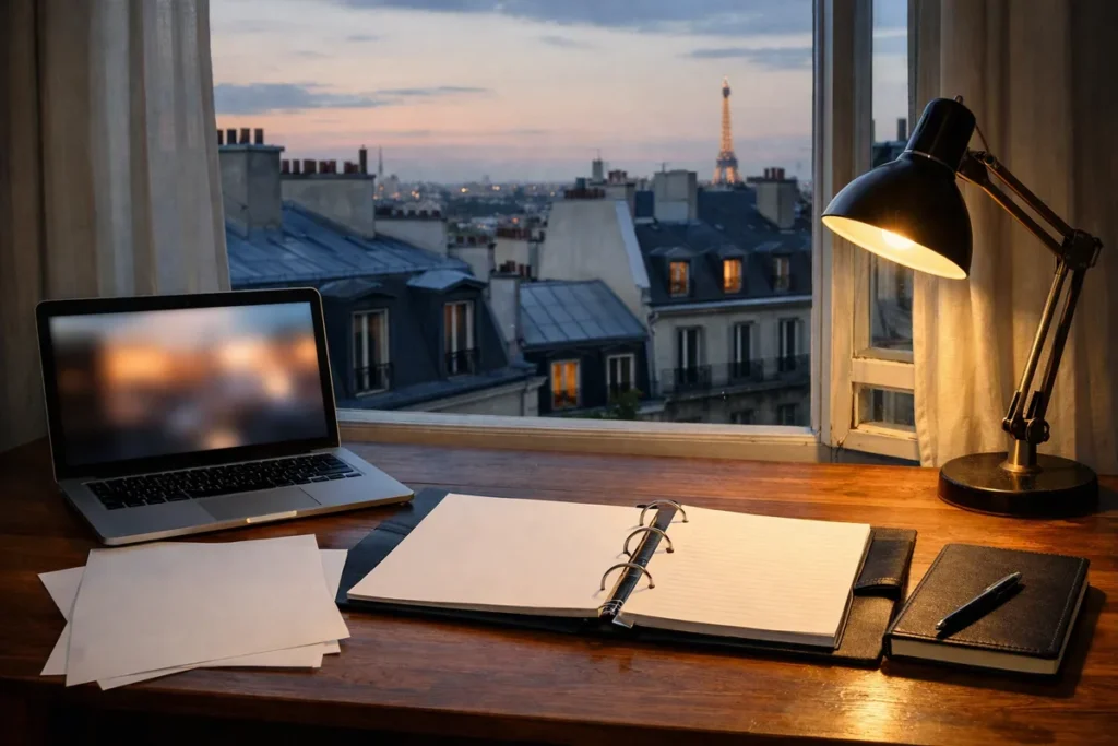 Bureau d'étude avec vue sur les toits de Paris et la tour Eiffel