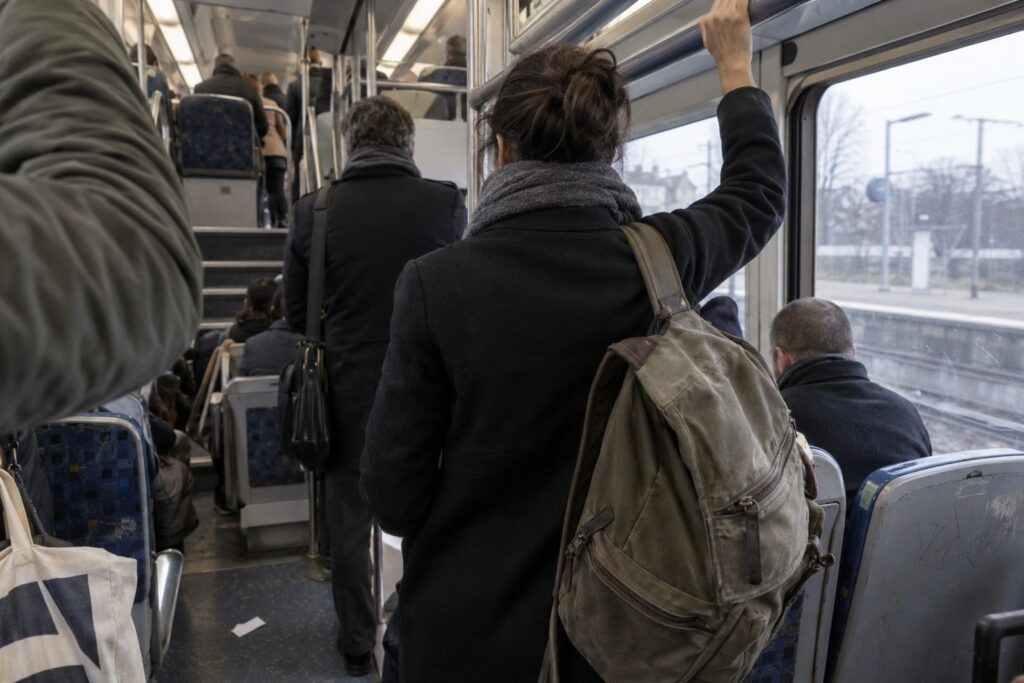 Une jeune étudiante de dos, sac à l'épaule, debout dans un train de banlieue parisienne bondé en pleine matinée