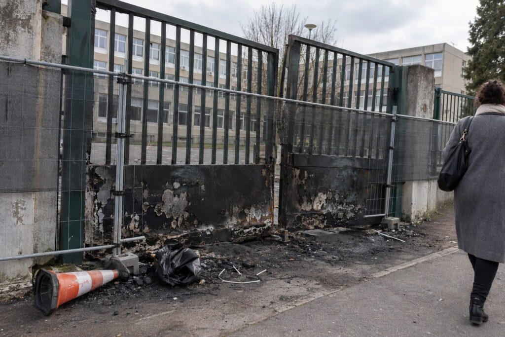 Portail métallique de lycée noirci par le feu, clôture de chantier provisoire devant, passante adulte de dos sur le trottoir