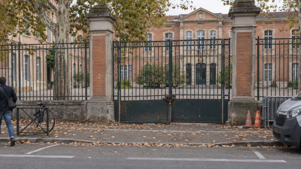 Grille fermée d'un lycée toulousain en brique rose, parvis désert et un adulte qui s'éloigne, un matin d'octobre