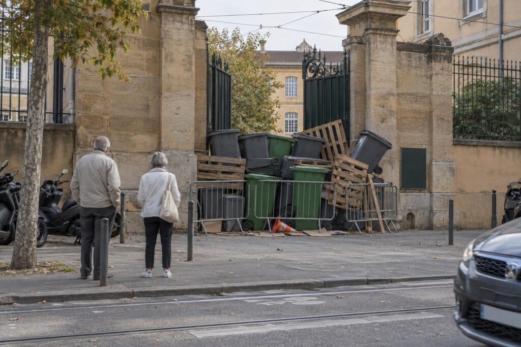 Deux retraités de dos passent devant des poubelles empilées bloquant l'entrée d'un lycée de Lyon, par temps lumineux