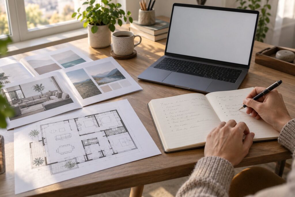 Carnet, ordinateur et plan de logement pour préparer une reconversion dans l’immobilier