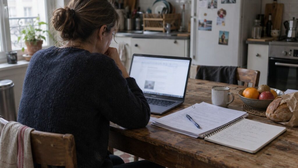 Un parent de dos devant un ordinateur portable sur une table de cuisine encombrée de papiers, en journée