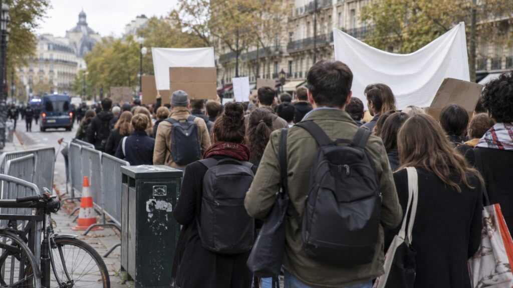Manifestants de dos brandissant des pancartes sans texte lisible lors d'un cortège contre Parcoursup, place d'une grande ville