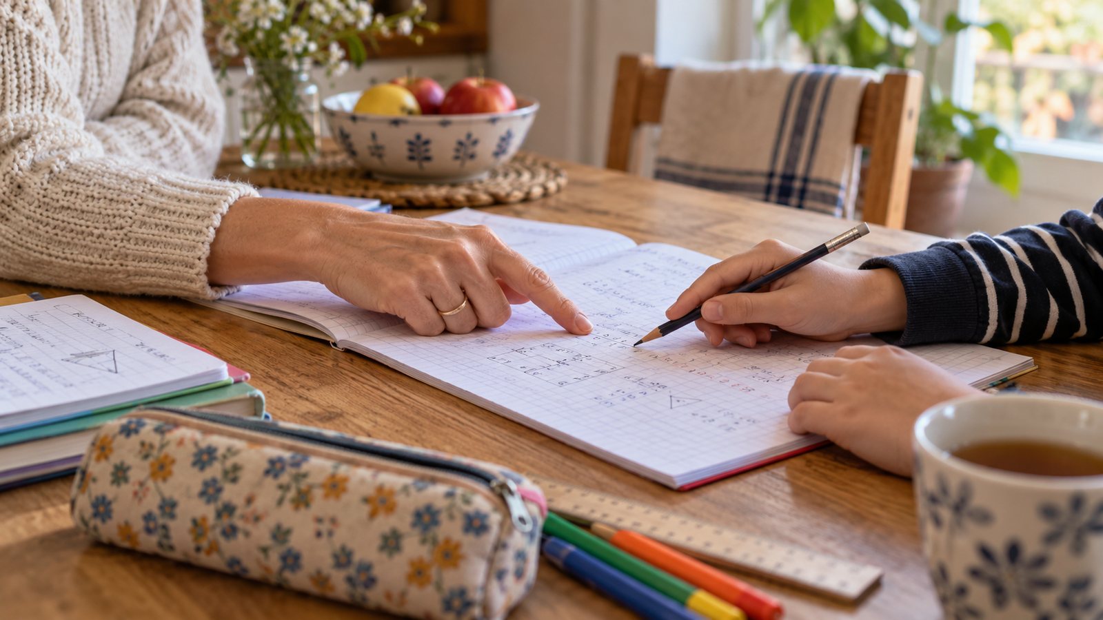 Parent et enfant organisant les devoirs à la maison