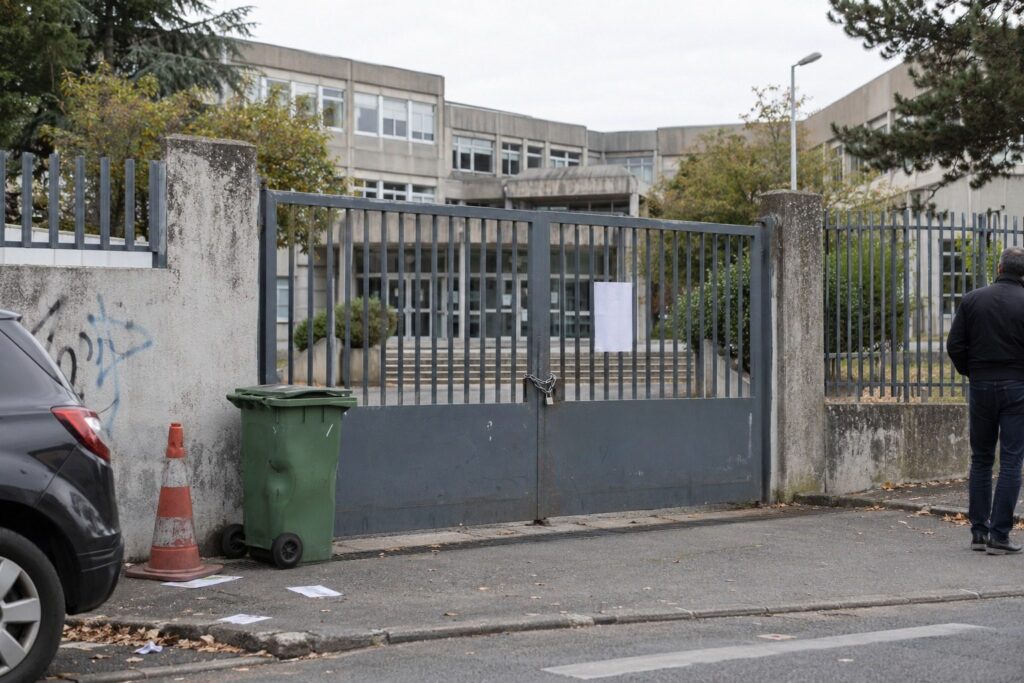 Portail métallique fermé d'un lycée francilien avec chaîne, affichette et un adulte au loin, lundi de blocus