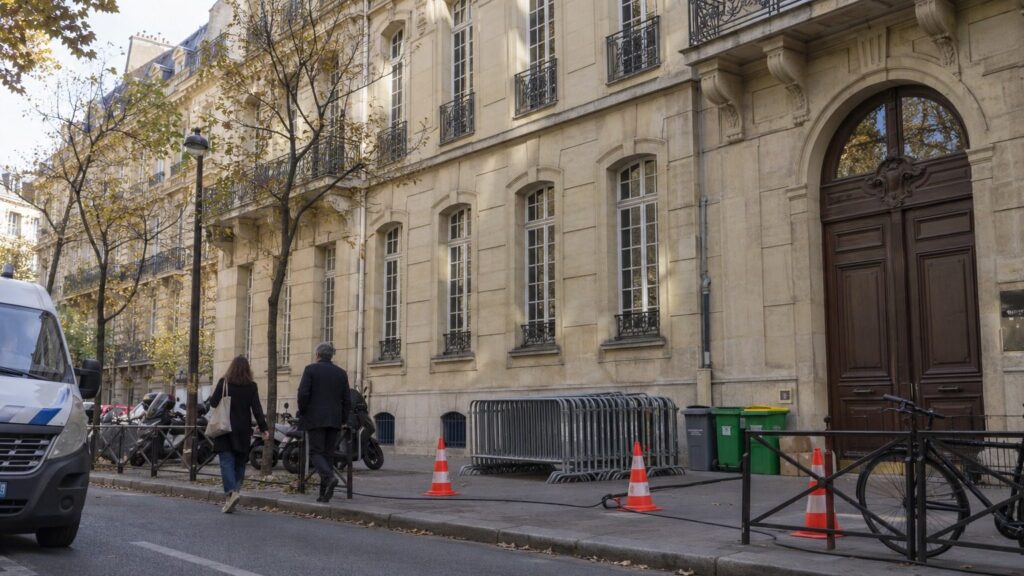 Barrières métalliques empilées devant la façade en pierre d'un lycée parisien, fourgon de police en bord de cadre, passants adultes