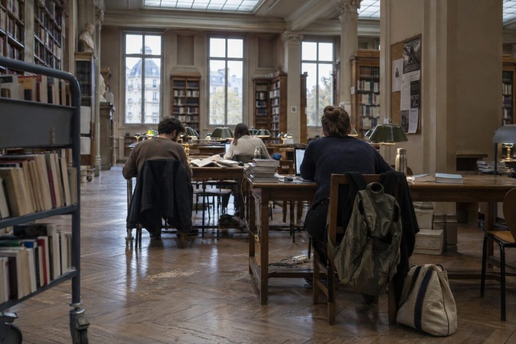 Doctorants adultes de dos travaillant dans une salle de lecture de bibliothèque universitaire parisienne, sous une verrière, piles de livres et papiers
