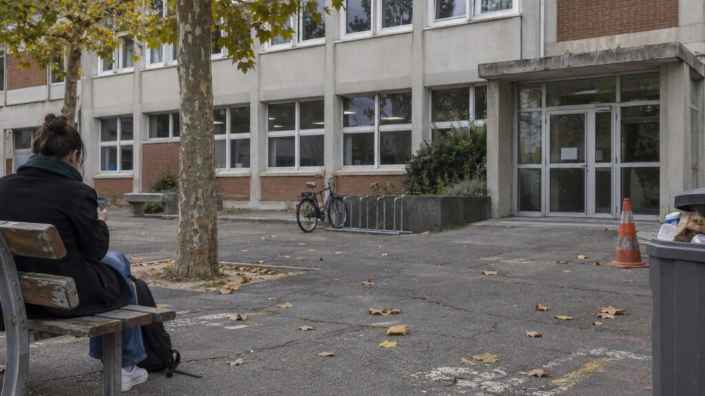 Cour d'un lycée public avec un banc, une jeune adulte de dos regardant son téléphone, sac posé à côté